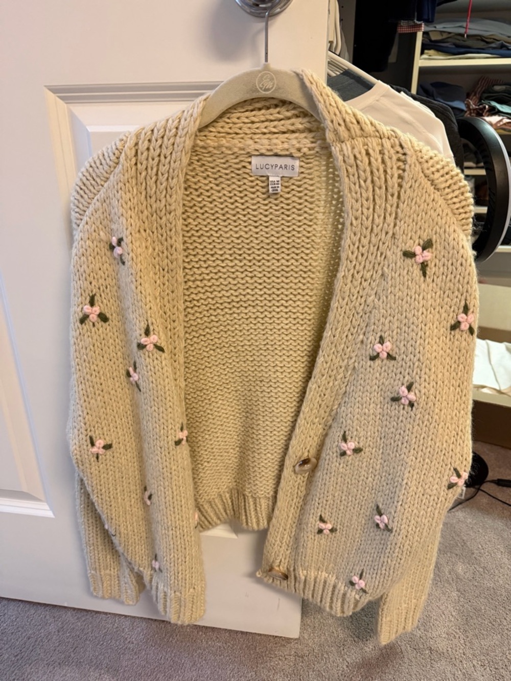 Lucy Paris Cream Chunky Knit Cardigan with Pink Floral Accents